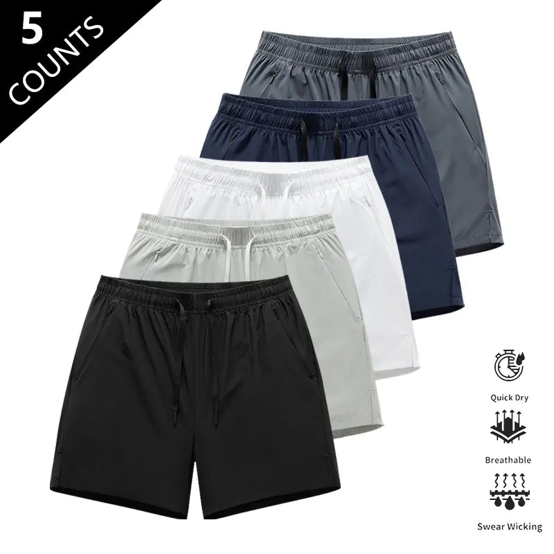 Men’S Quick-Dry Breathable Shorts, Pack of 5 – Short Length (14.5 Inches), Casual Sporty Style, Wrinkle-Resistant Design, Polyester/Nylon Blend, Solid Color, Lightweight and Breathable, Cooling “Ice Feel” Fabric, Suitable for Running, Soccer, Badminton, B