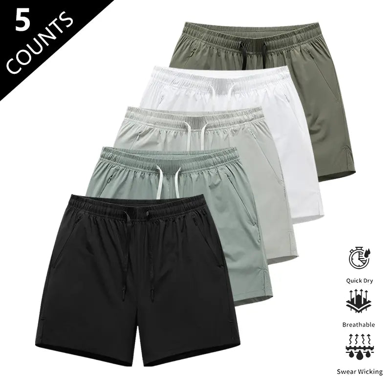 Men’S Quick-Dry Breathable Shorts, Pack of 5 – Short Length (14.5 Inches), Casual Sporty Style, Wrinkle-Resistant Design, Polyester/Nylon Blend, Solid Color, Lightweight and Breathable, Cooling “Ice Feel” Fabric, Suitable for Running, Soccer, Badminton, B