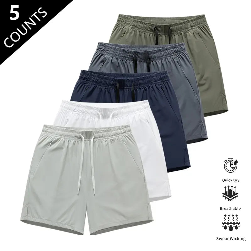 Men’S Quick-Dry Breathable Shorts, Pack of 5 – Short Length (14.5 Inches), Casual Sporty Style, Wrinkle-Resistant Design, Polyester/Nylon Blend, Solid Color, Lightweight and Breathable, Cooling “Ice Feel” Fabric, Suitable for Running, Soccer, Badminton, B
