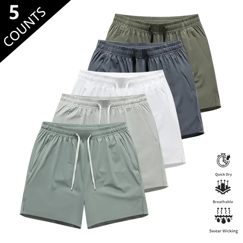 Men’S Quick-Dry Breathable Shorts, Pack of 5 – Short Length (14.5 Inches), Casual Sporty Style, Wrinkle-Resistant Design, Polyester/Nylon Blend, Solid Color, Lightweight and Breathable, Cooling “Ice Feel” Fabric, Suitable for Running, Soccer, Badminton, B