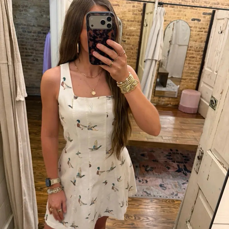 Mallard Print Paneled Mini Dress Ivory