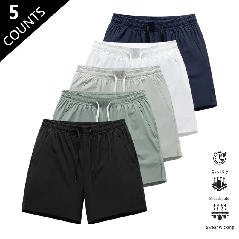 Men’S Quick-Dry Breathable Shorts, Pack of 5 – Short Length (14.5 Inches), Casual Sporty Style, Wrinkle-Resistant Design, Polyester/Nylon Blend, Solid Color, Lightweight and Breathable, Cooling “Ice Feel” Fabric, Suitable for Running, Soccer, Badminton, B