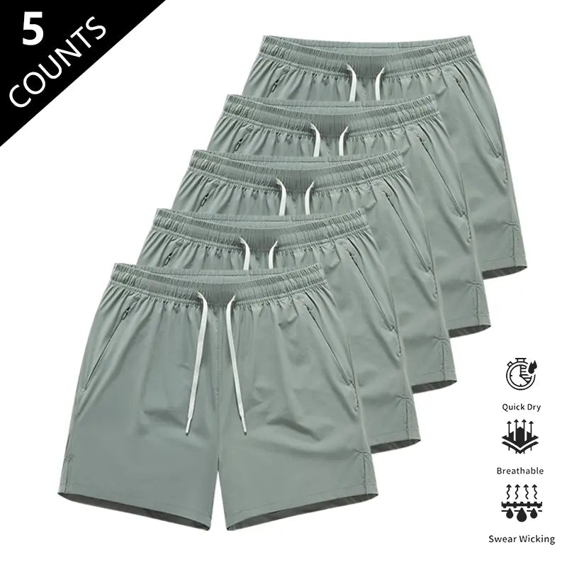 Men’S Quick-Dry Breathable Shorts, Pack of 5 – Short Length (14.5 Inches), Casual Sporty Style, Wrinkle-Resistant Design, Polyester/Nylon Blend, Solid Color, Lightweight and Breathable, Cooling “Ice Feel” Fabric, Suitable for Running, Soccer, Badminton, B