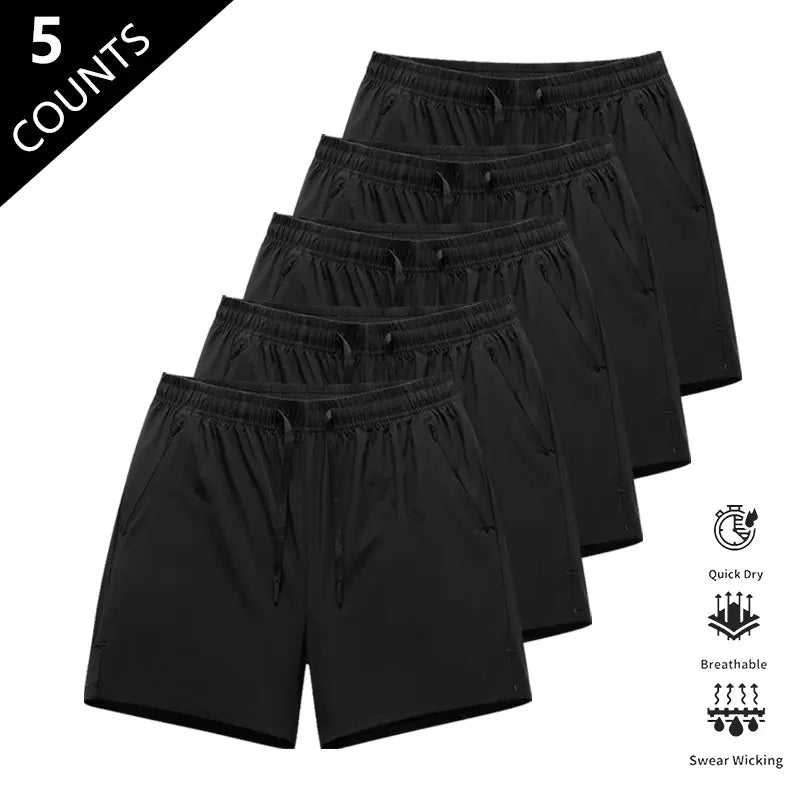 Men’S Quick-Dry Breathable Shorts, Pack of 5 – Short Length (14.5 Inches), Casual Sporty Style, Wrinkle-Resistant Design, Polyester/Nylon Blend, Solid Color, Lightweight and Breathable, Cooling “Ice Feel” Fabric, Suitable for Running, Soccer, Badminton, B