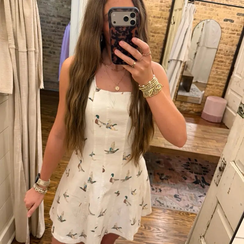 Mallard Print Paneled Mini Dress Ivory