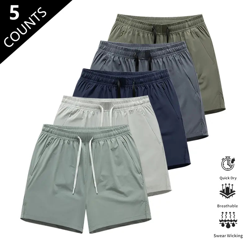 Men’S Quick-Dry Breathable Shorts, Pack of 5 – Short Length (14.5 Inches), Casual Sporty Style, Wrinkle-Resistant Design, Polyester/Nylon Blend, Solid Color, Lightweight and Breathable, Cooling “Ice Feel” Fabric, Suitable for Running, Soccer, Badminton, B