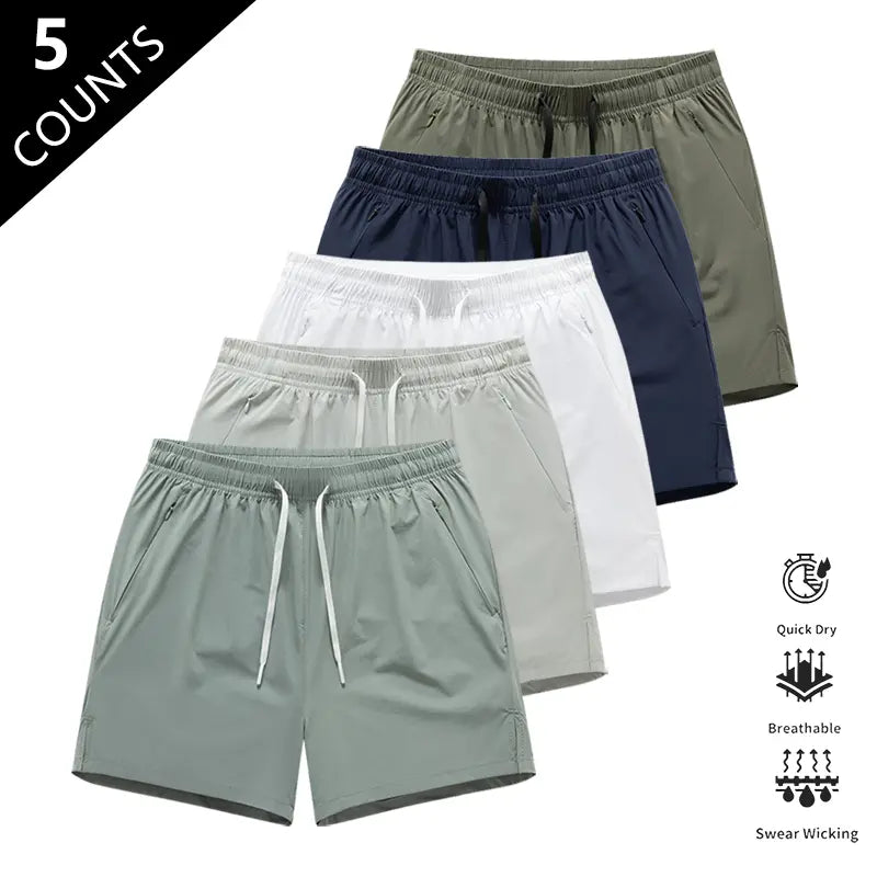 Men’S Quick-Dry Breathable Shorts, Pack of 5 – Short Length (14.5 Inches), Casual Sporty Style, Wrinkle-Resistant Design, Polyester/Nylon Blend, Solid Color, Lightweight and Breathable, Cooling “Ice Feel” Fabric, Suitable for Running, Soccer, Badminton, B