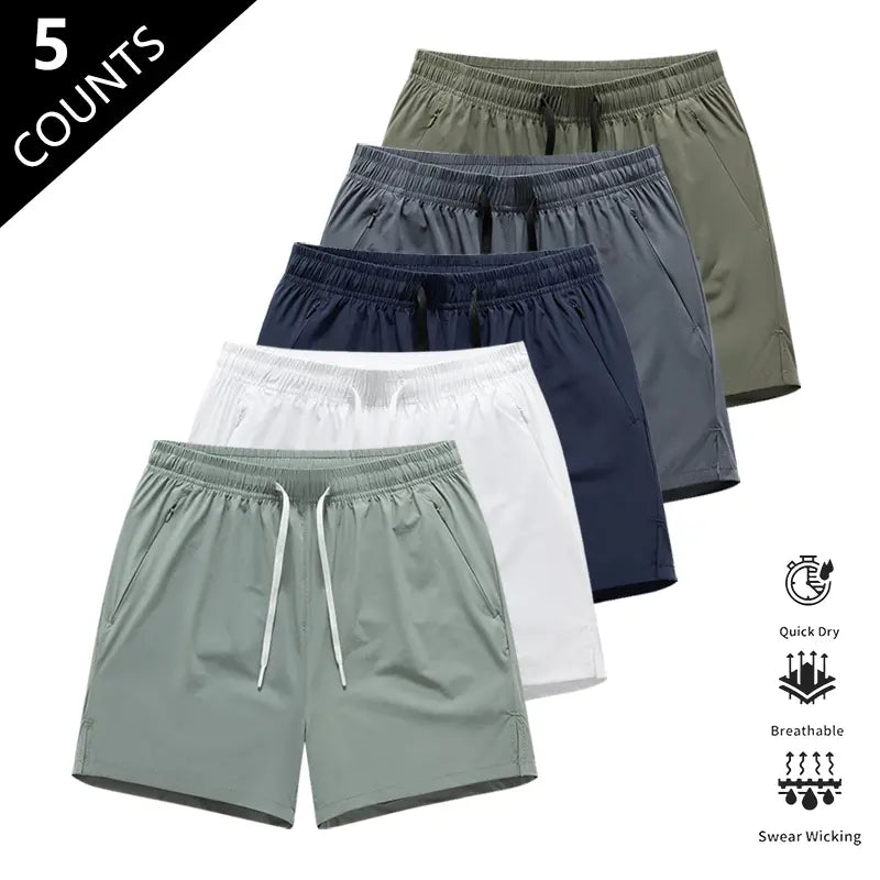 Men’S Quick-Dry Breathable Shorts, Pack of 5 – Short Length (14.5 Inches), Casual Sporty Style, Wrinkle-Resistant Design, Polyester/Nylon Blend, Solid Color, Lightweight and Breathable, Cooling “Ice Feel” Fabric, Suitable for Running, Soccer, Badminton, B