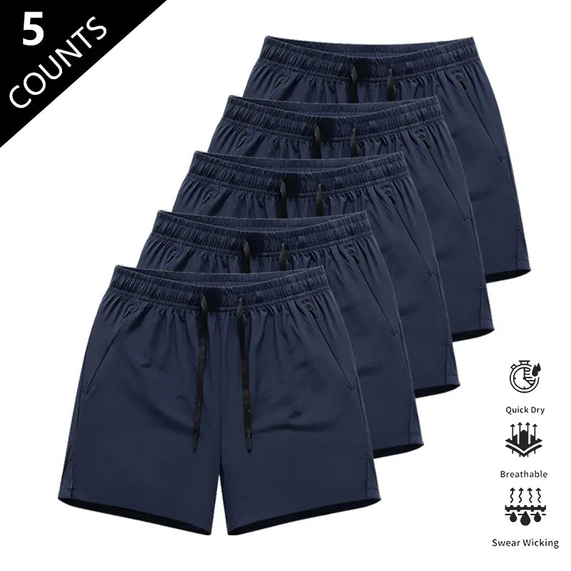 Men’S Quick-Dry Breathable Shorts, Pack of 5 – Short Length (14.5 Inches), Casual Sporty Style, Wrinkle-Resistant Design, Polyester/Nylon Blend, Solid Color, Lightweight and Breathable, Cooling “Ice Feel” Fabric, Suitable for Running, Soccer, Badminton, B