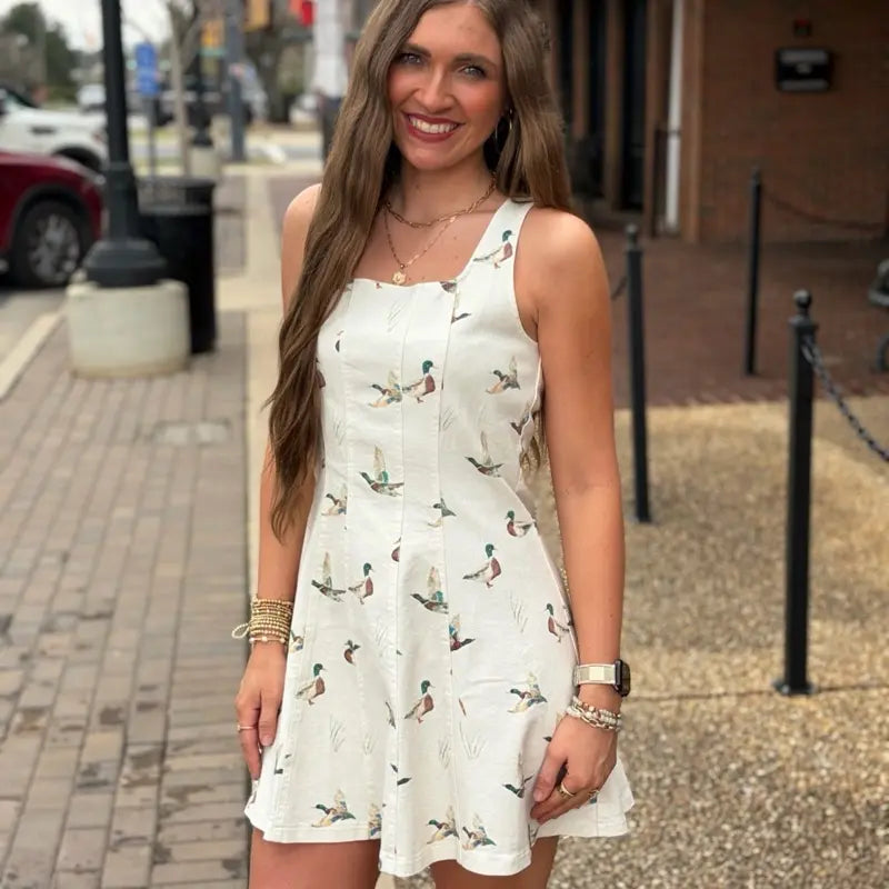 Mallard Print Paneled Mini Dress Ivory